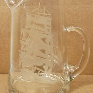 Vintage Etched Glass Pitcher Sailing Ship Nautical Design 5.5 Inch